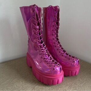 Dolls Kill Pink Iridescent Holographic Lace-Up Combat Boots Chunky Platform